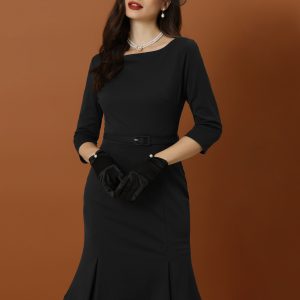 Business Elegant Boat Neck Half Sleeve Pleated Midi Solid Dress Black/XS - Allegra K catalog