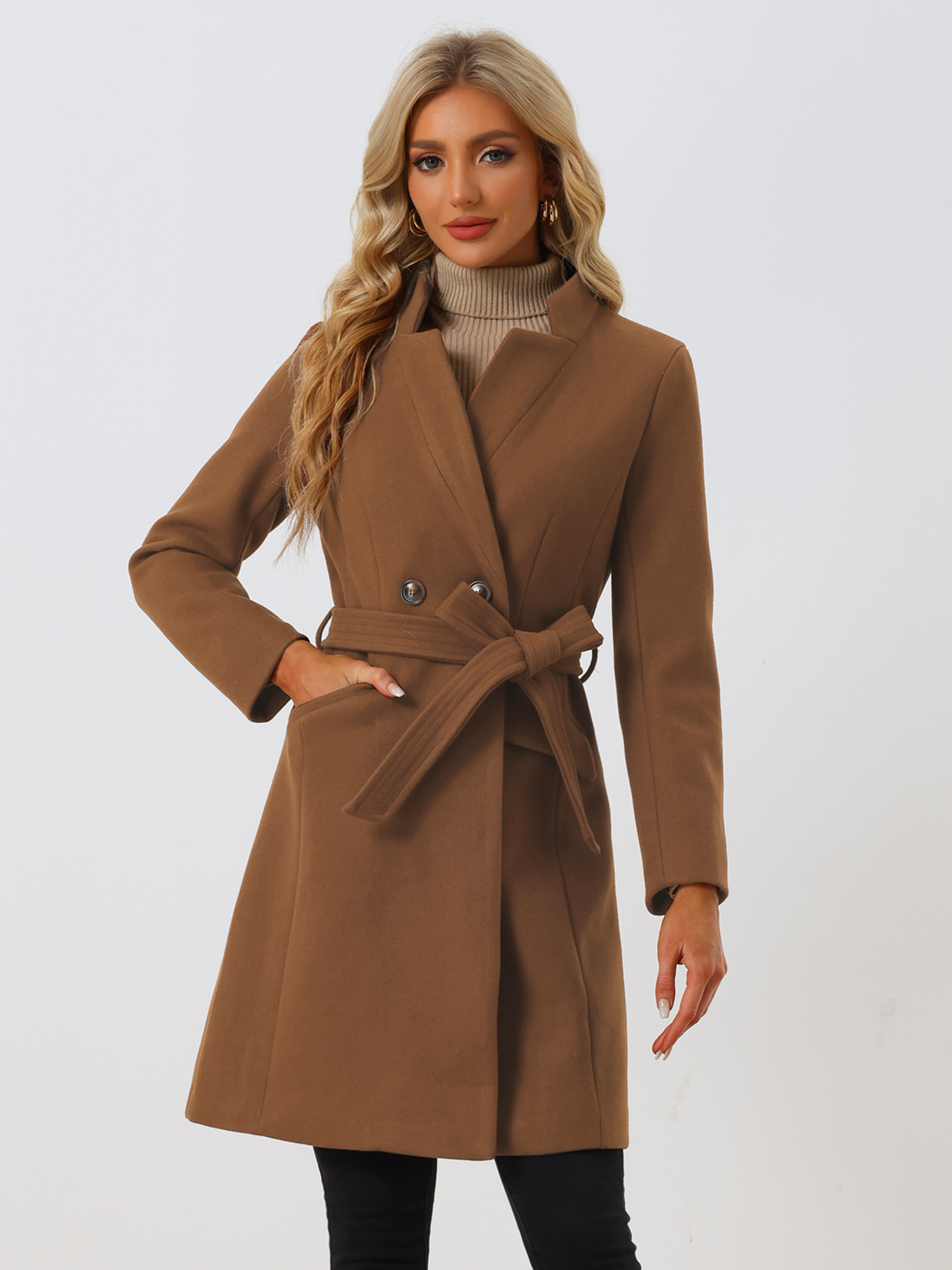 Belted Stand Collar Winter Fully Lined Belted Coats Brown/XS - Allegra K catalog