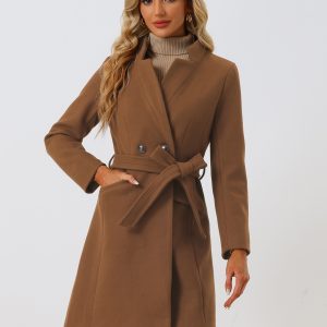 Belted Stand Collar Winter Fully Lined Belted Coats Brown/M - Allegra K catalog