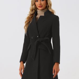 Belted Stand Collar Winter Fully Lined Belted Coats Black/XL - Allegra K catalog