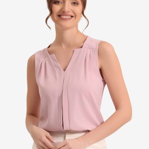 Sleeveless Work Top Pleated Chiffon V Neck Blouse Pink/S - Allegra K catalog