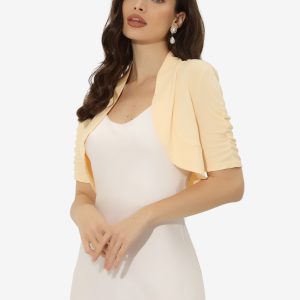 Short Ruched Sleeve Open Front Knit Cropped Bolero Shrugs Apricot/S - Allegra K catalog