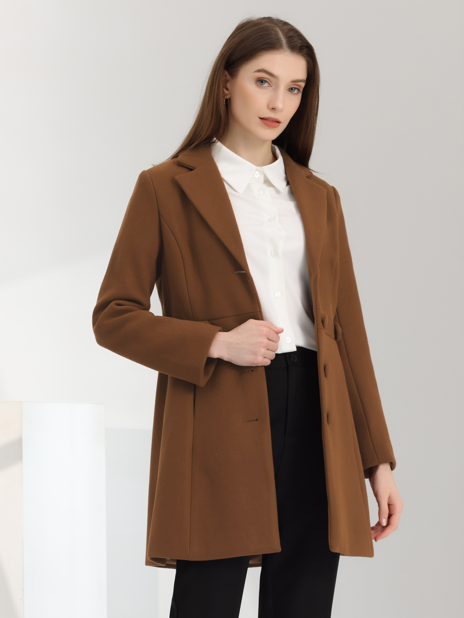 Notched Lapel Single Breasted Button Down Winter Coat Brown/S - Allegra K catalog