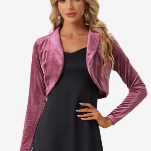 Long Sleeve Lapel Collar Velvet Open Front Cropped Bolero Shrugs Violet/L - Allegra K catalog
