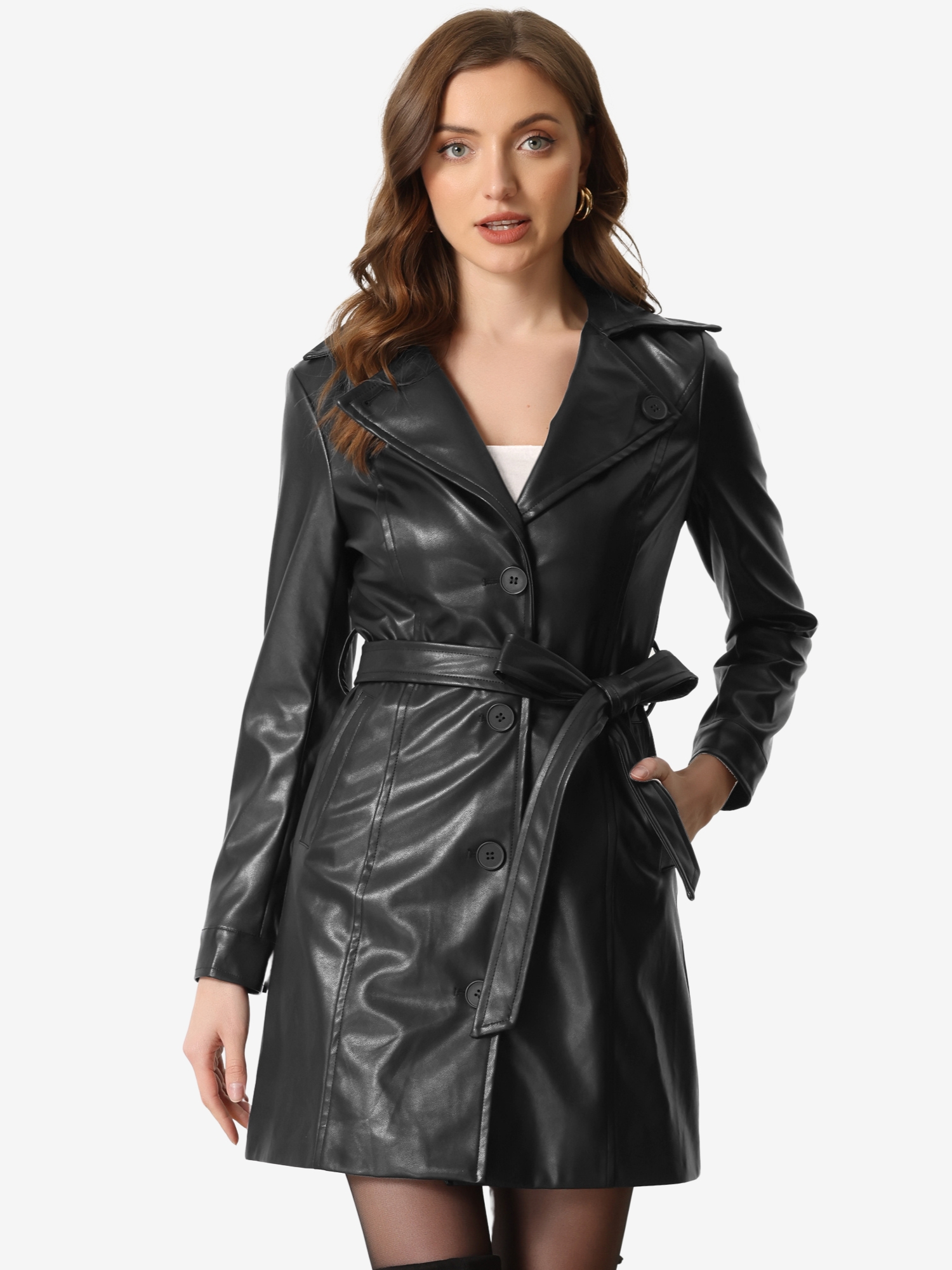 Faux Leather Notched Lapel Collar Button Down Steampunk PU Jacket Black/XS - Allegra K catalog