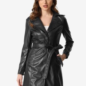 Faux Leather Notched Lapel Collar Button Down Steampunk PU Jacket Black/L - Allegra K catalog