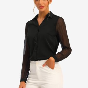 V Neck Point Collar Mesh Sleeve Button Down Work Office Shirt Black/L - Allegra K catalog