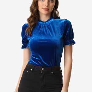 Ruffle Collar Short Cuff Sleeve Velvet Tops Blouse Royal Blue/L - Allegra K catalog