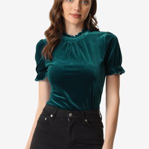 Ruffle Collar Short Cuff Sleeve Velvet Tops Blouse Blue Green/XS - Allegra K catalog