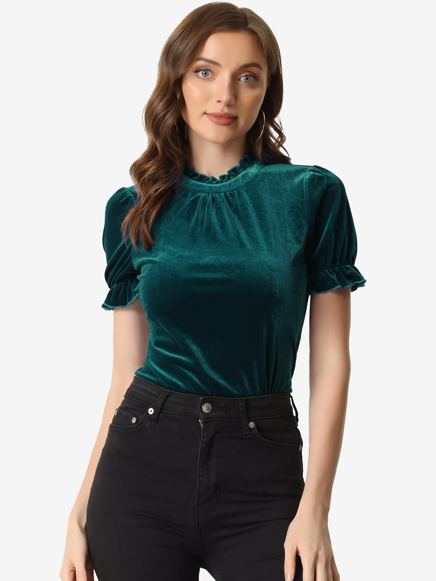 Ruffle Collar Short Cuff Sleeve Velvet Tops Blouse Blue Green/XL - Allegra K catalog