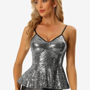 Sequin Cami Spaghetti Strap V Neck Sparkle Ruffles Peplum Top Black/XL - Allegra K catalog