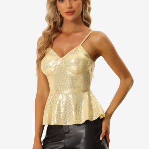 Sequin Cami Spaghetti Strap V Neck Sparkle Ruffles Peplum Top Gold/XL - Allegra K catalog