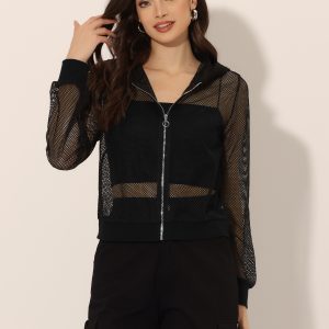Zip Up Long Sleeve Mesh Sheer Hoodie Bomber Jackets Black/M - Allegra K catalog