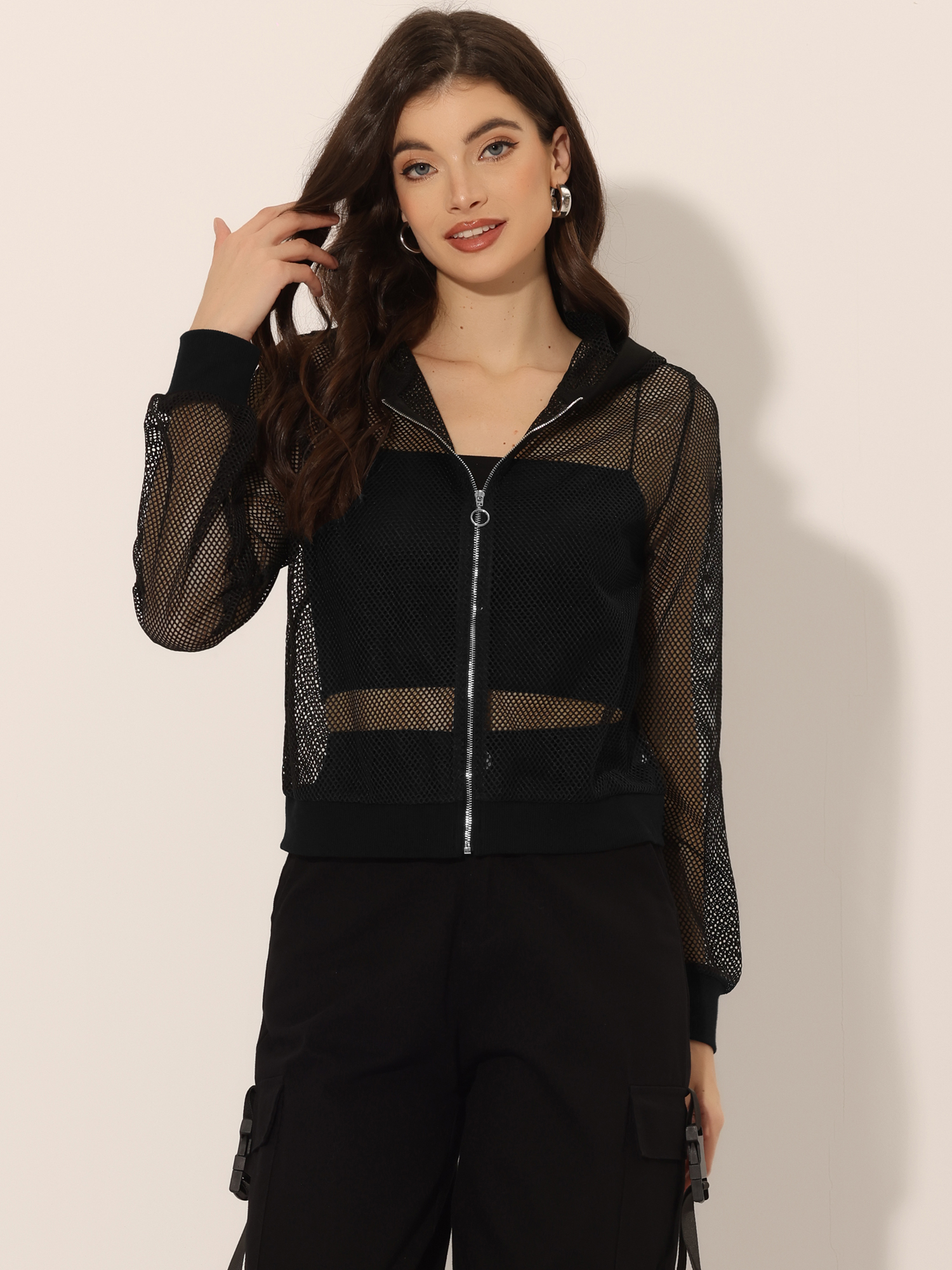Zip Up Long Sleeve Mesh Sheer Hoodie Bomber Jackets Black/M - Allegra K catalog