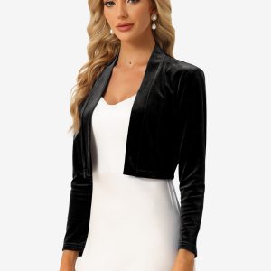 Velvet Long Sleeve Open Front Cropped Bolero Shrugs Black/M - Allegra K catalog