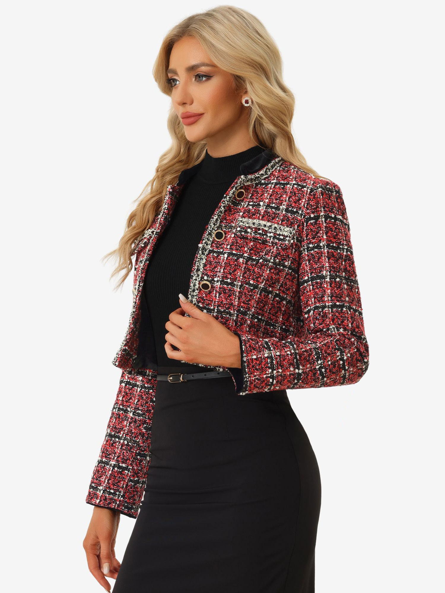 Stand Collar Double Breasted Elegant Plaid Tweed Crop Jacket Red/S - Allegra K catalog