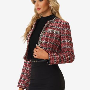 Stand Collar Double Breasted Elegant Plaid Tweed Crop Jacket Red/L - Allegra K catalog