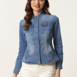Casual Denim Classic Stand Collar Long Sleeve Jean Jacket Blue/M - Allegra K catalog