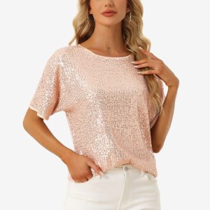 Sequin Top Round Neck Short Sleeve Party Clubwear Blouse Champagne/XL - Allegra K catalog