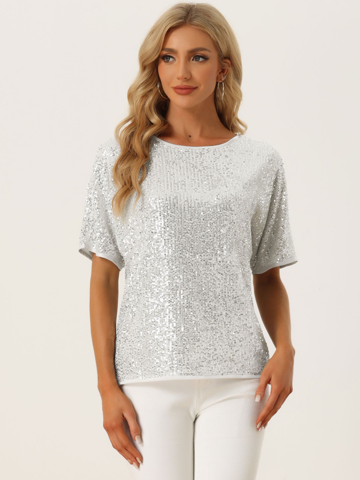 Sequin Top Round Neck Short Sleeve Party Clubwear Blouse Silver/XS - Allegra K catalog