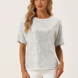 Sequin Top Round Neck Short Sleeve Party Clubwear Blouse Silver/S - Allegra K catalog
