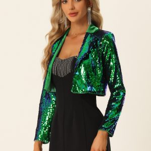 Open Front Blazer Notched Lapel Long Sleeve Sparkly Sequin Jacket Green/S - Allegra K catalog