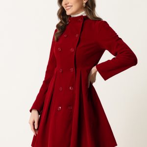 Velvet A-Line Stand Collar Double Breasted Winter Trench Coat Dark Red/XS - Allegra K catalog