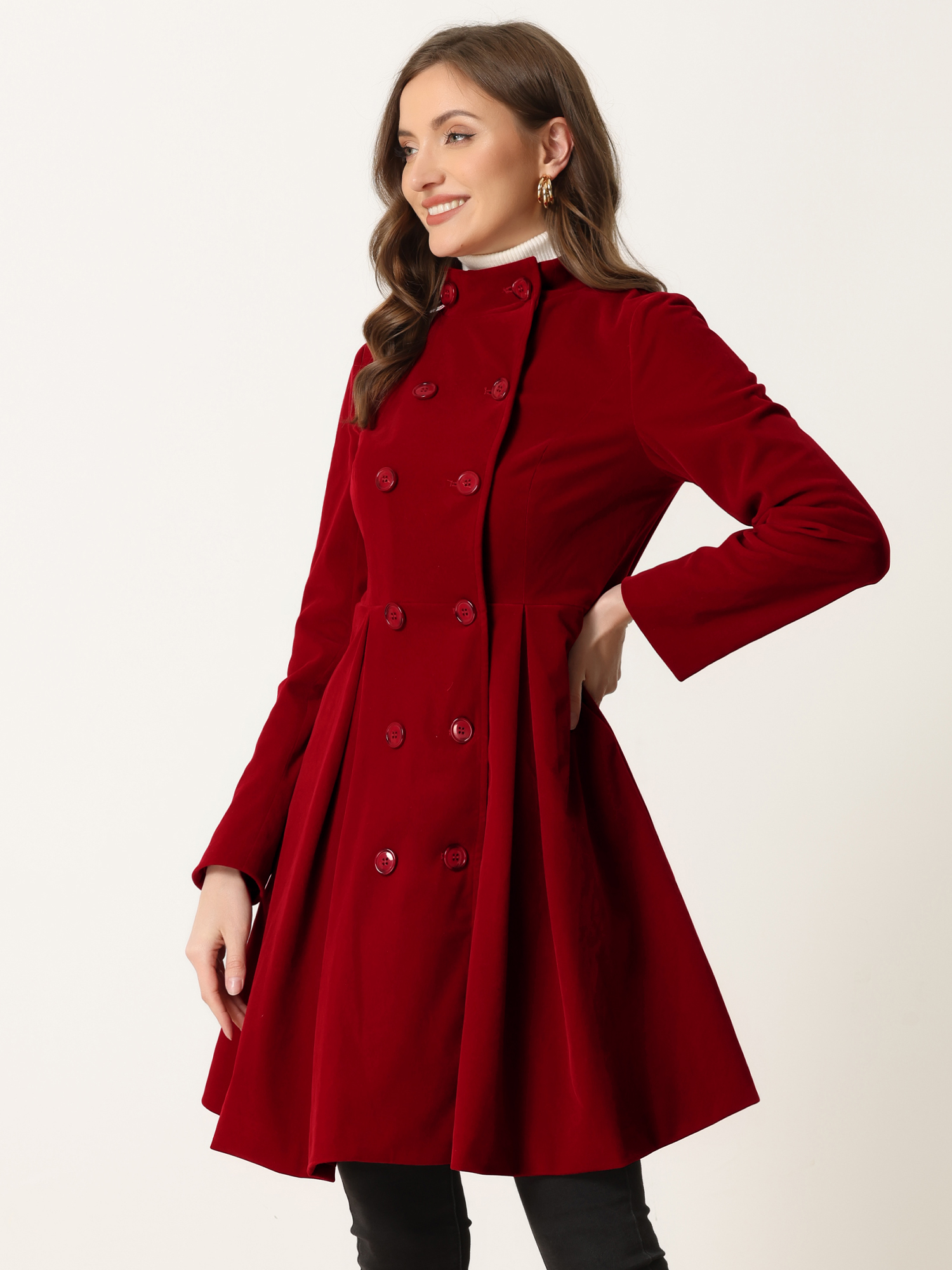 Velvet A-Line Stand Collar Double Breasted Winter Trench Coat Dark Red/L - Allegra K catalog
