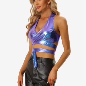 Metallic Halter Neck Deep V Neck Backless Holographic Crop Top Blue Purple/XS - Allegra K catalog
