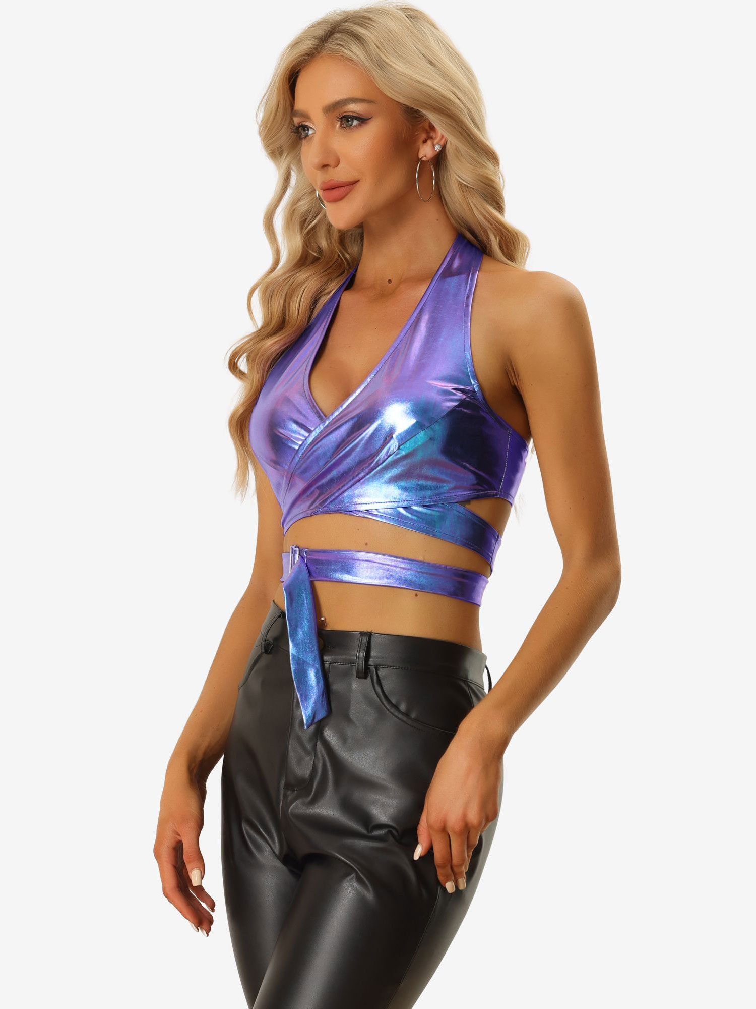 Metallic Halter Neck Deep V Neck Backless Holographic Crop Top Blue Purple/S - Allegra K catalog