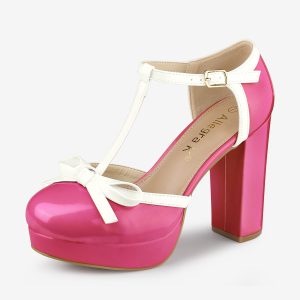 Platform Bow T Strap Chunky Heel Pumps Hot Pink/8 - Allegra K catalog