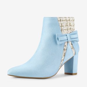 Tweed Plaid Bow Decor Side Zipper Block Heel Ankle Boots Sky Blue/8 - Allegra K catalog