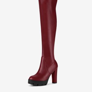 Platform Chunky Heel Over Knee High Side Zipper Boots Burgundy/9.5 - Allegra K catalog