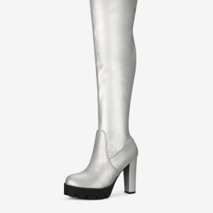 Platform Chunky Heel Over Knee High Side Zipper Boots Silver/6.5 - Allegra K catalog