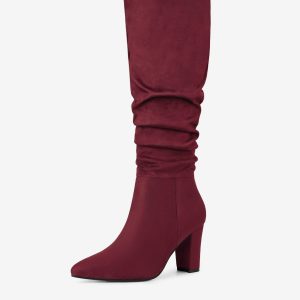Slouchy Pointed Toe Chunky Heel Knee High Boots Burgundy/7 - Allegra K catalog