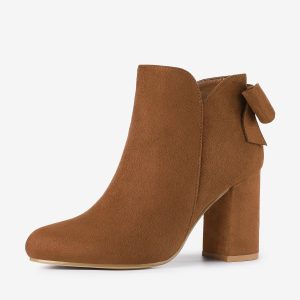 Round Toe Bow Decor Chunky Heel Ankle Boots Brown/7.5 - Allegra K catalog