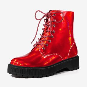 Round Toe Platform Lace Up Colorful Combat Ankle Boots Red/9 - Allegra K catalog
