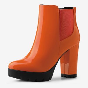 Round Toe Zipper Block Heel Platform Ankle Boots Orange/9.5 - Allegra K catalog