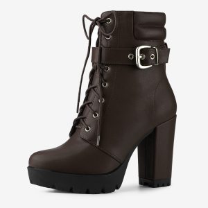 Lace Up Belt Decor Platform Block Heel Combat Ankle Boots Coffee/6.5 - Allegra K catalog