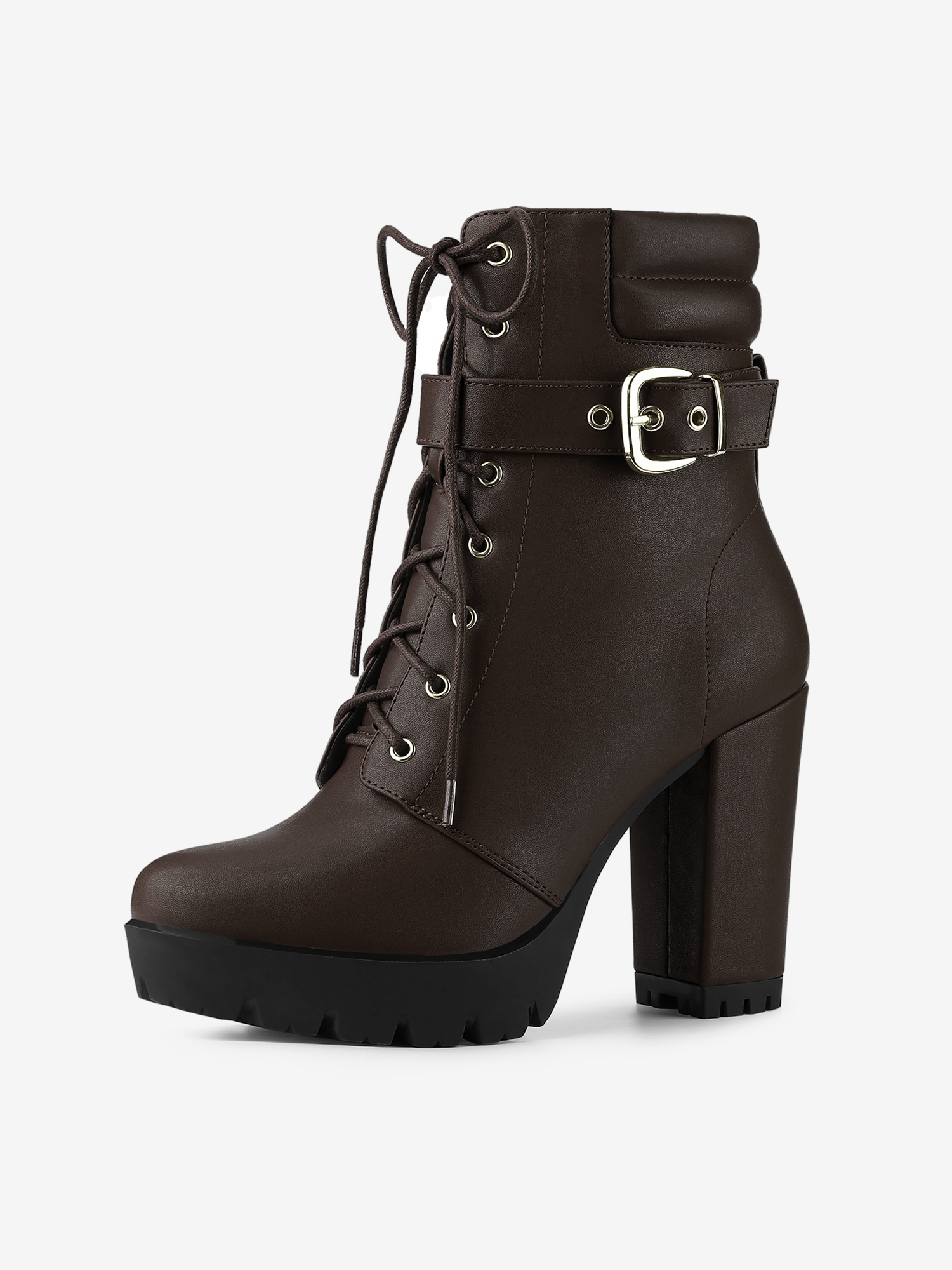 Lace Up Belt Decor Platform Block Heel Combat Ankle Boots Coffee/6.5 - Allegra K catalog