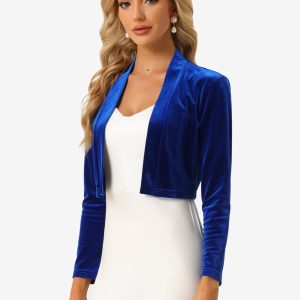 Velvet Long Sleeve Open Front Cropped Bolero Shrugs Royal Blue/S - Allegra K catalog