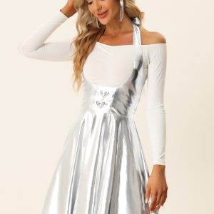 Metallic Overalls High Waist Party A-Line Suspender Skirt Silver/S - Allegra K catalog