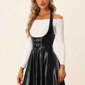 Metallic Overalls High Waist Party A-Line Suspender Skirt Black/XL - Allegra K catalog
