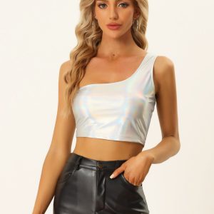 Metallic Cropped Top One Shoulder Party Blouse Silver/L - Allegra K catalog