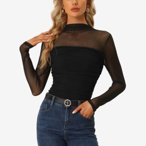 Mesh Solid Long Sleeve Mock Neck Sheer Panel Side Shirring Top Black/M - Allegra K catalog