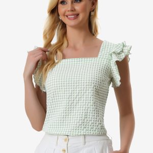 Summer Gingham Tops Square Neck Ruffle Cap Sleeve Blouse Green/XL - Allegra K catalog