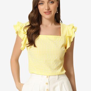 Summer Gingham Tops Square Neck Ruffle Cap Sleeve Blouse Yellow/XS - Allegra K catalog