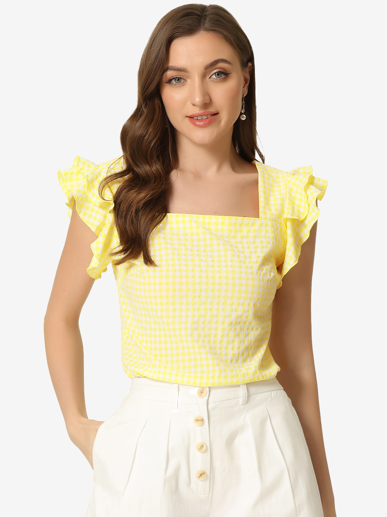 Summer Gingham Tops Square Neck Ruffle Cap Sleeve Blouse Yellow/XS - Allegra K catalog