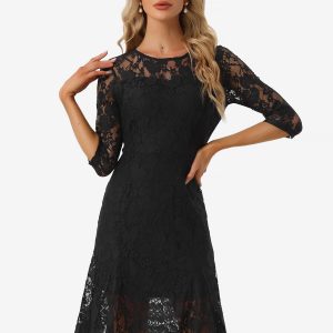 Elegant Lace 3/4 Sleeves Ruffles Bodycon Fishtail Dress Black/XS - Allegra K catalog
