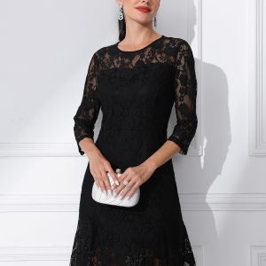 Elegant Lace 3/4 Sleeves Ruffles Bodycon Fishtail Dress Black/XL - Allegra K catalog